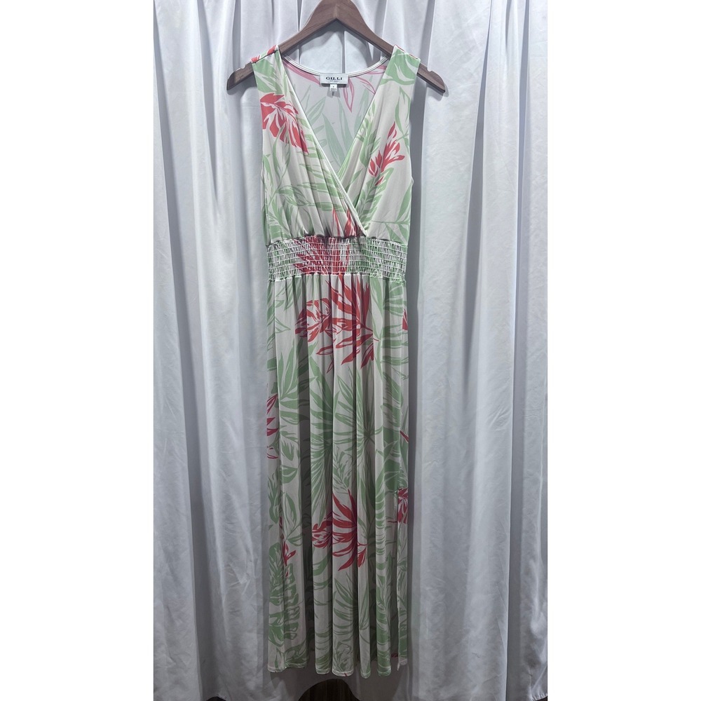 Gilli Women Tropical Palm Print Smocked Waist Maxi Dress Green Coral Small